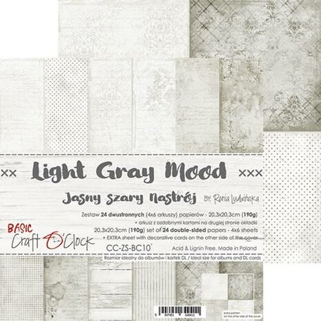 Craft OClock Paper Collection Set 20,3x20,3cm Basic 10 - Light Grey Mood