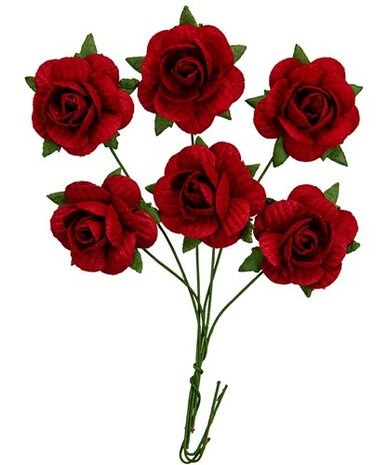 Scrapberry&#039;s Handmade mulberry Jubilee roses, dia ~2,5cm, stem 6cm, 6 pcs, RED