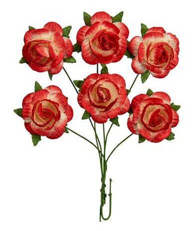 Scrapberry&#039;s Handmade mulberry Jubilee roses, dia ~2,5cm, stem 6cm, 6 pcs, WHITE-RED