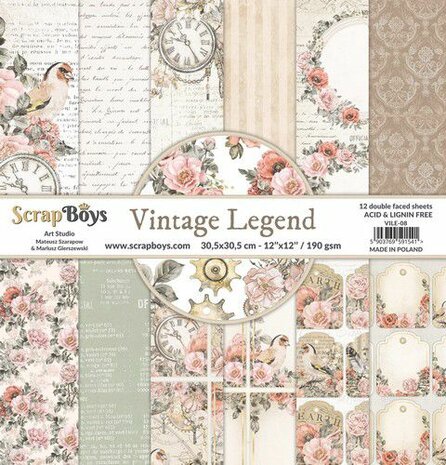 ScrapBoys Vintage Legend paperset 12 vl+cut out elements-DZ VILE-08 190gr 30,5x30,5cm