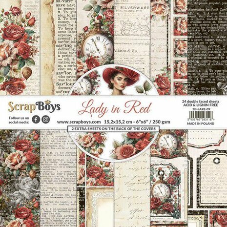 ScrapBoys Lady in Red paperpad 24 vl+cut out elements-DZ LARE-09 250gr 15,2cmx15,2cm