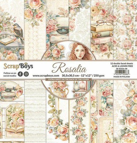 ScrapBoys Rosalia paperset 12 vl+cut out elements-DZ ROSA-08 250gr 30,5cmx30,5cm