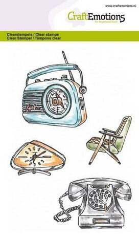 CraftEmotions clearstamps A6 - Vintage radio, klok 