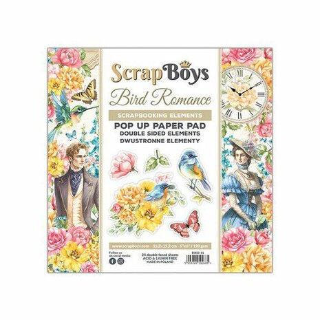 Scrapboys POP UP PaperPad double sided elements Bird Romance BIRO-11 190gr 15,2x15,2cm
