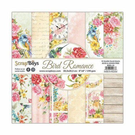 ScrapBoys Bird Romance paperpad 12 vl+cut out elements-DZ BIRO-10 190gr 20,3x20,3cm