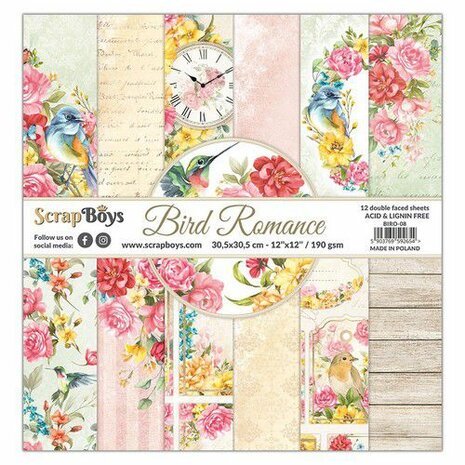 ScrapBoys Bird Romance paperset 12 vl+cut out elements-DZ BIRO-08 190gr 30,5cmx30,5cm