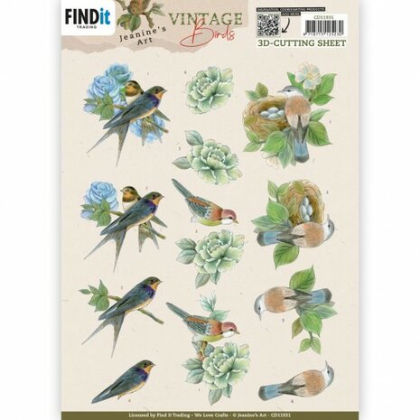 Knipvel met drie 3D-afbeeldingen in het thema van de collectie Vintage Birds van Jeanine&#039;s Art.