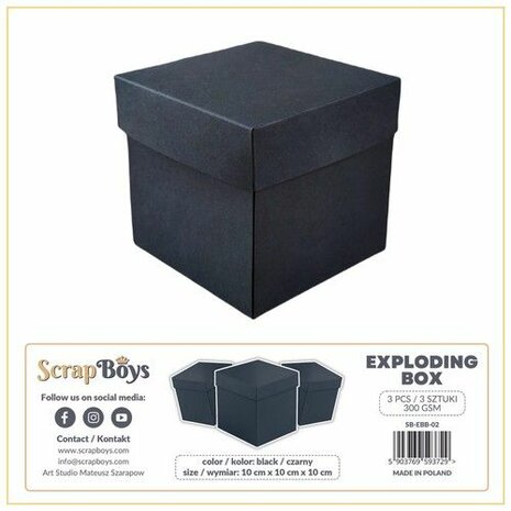 ScrapBoys Exploding box - zwart - 3 st - 300 grm SB-EBB-02 10x10x10 cm