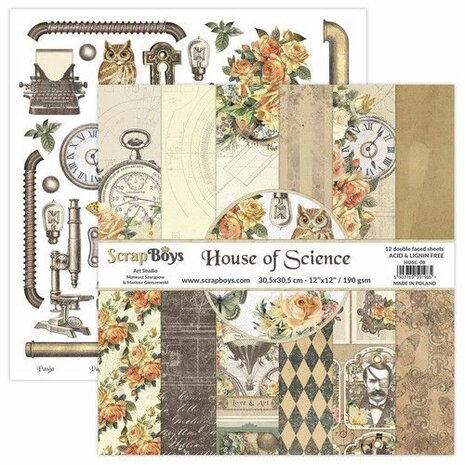 ScrapBoys House of Science paperset 12 vl+cut out elements-DZ HOSC-08 190gr 30,5cmx30,5cm