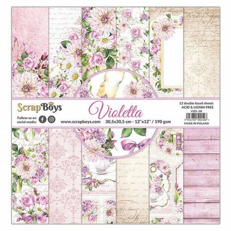 ScrapBoys Violetta paperset 12 vl+cut out elements-DZ VIOL-08 190gr 30,5cmx30,5cm