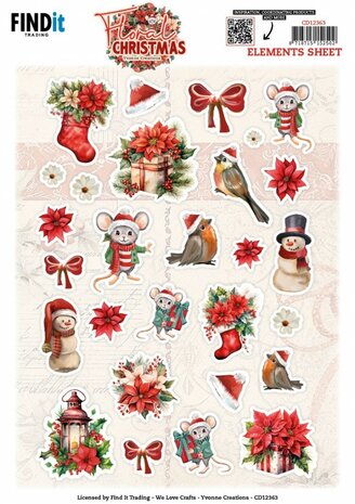 Cutting Sheet - Yvonne Ceations - Floral Christmas- Small Elements CD12363