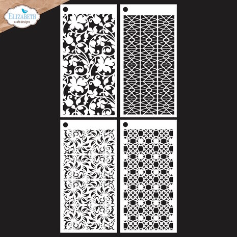 The &#039;Journal Stencils 7&#039; stencil set is part of the Mr. &amp; Mrs. Collection from Art Journal Specials. Including a 