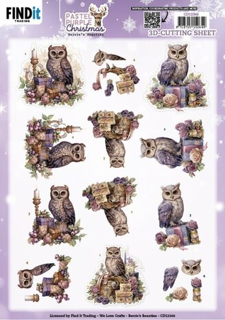 3D Cutting Sheet - Berries Beauties - Pastel Purple Christmas - Owl