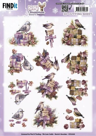 3D Cutting Sheet - Berries Beauties - Pastel Purple Christmas - Birds CD12364