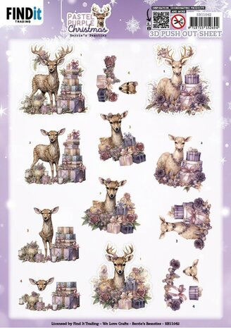 3D Pushout Sheet - Berries Beauties - Pastel Purple Christmas - Deer SB11042