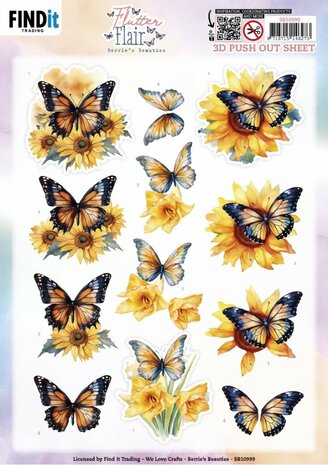 3D Push out Sheet - Berries Beauties - Flutter Flair - Yellow Flutters