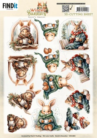 3D Cutting Sheet - Berries Beauties - Winter Bunnies - Cosy Bunnies CD12403