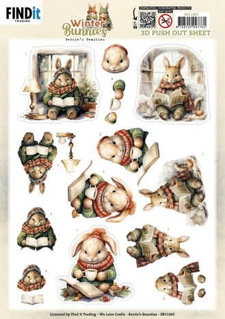 3D Pushout Sheet - Berries Beauties - Winter Bunnies - Reading Bunnies SB11065