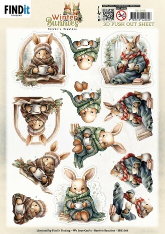 3D Pushout Sheet - Berries Beauties - Winter Bunnies - Cosy Bunnies SB11068